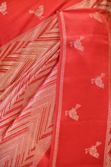 Red Viscose Saree with Gold Wave Texture And Gold Zari Pakshi Motif