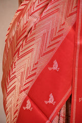 Red Viscose Saree with Gold Wave Texture And Gold Zari Pakshi Motif
