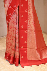 Red Viscose Saree with Gold Wave Texture And Gold Zari Pakshi Motif