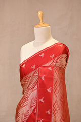 Red Viscose Saree with Gold Wave Texture And Gold Zari Pakshi Motif