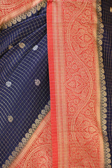 Blue Viscose Silk Saree with Zari Checks and Sona-Rupa Buti