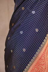Blue Viscose Silk Saree with Zari Checks and Sona-Rupa Buti