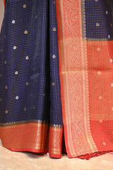 Blue Viscose Silk Saree with Zari Checks and Sona-Rupa Buti