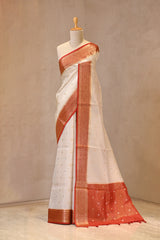 White Viscose Silk Saree with Zari Checks and Sona-Rupa Buti