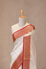 White Viscose Silk Saree with Zari Checks and Sona-Rupa Buti