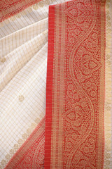 White Viscose Silk Saree with Zari Checks and Sona-Rupa Buti