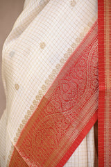 White Viscose Silk Saree with Zari Checks and Sona-Rupa Buti