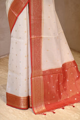 White Viscose Silk Saree with Zari Checks and Sona-Rupa Buti