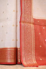 White Viscose Silk Saree with Zari Checks and Sona-Rupa Buti