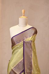 Sage Green Viscose Silk Saree with Sona-Rupa Floral Buti and Zari Checks
