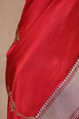 Deep Red Semi Silk Saree with Silver Zari Floral Leheriya