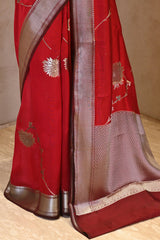 Deep Red Semi Silk Saree with Silver Zari Floral Leheriya