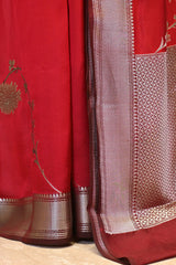 Deep Red Semi Silk Saree with Silver Zari Floral Leheriya