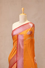 Yellow Semi Silk Saree with Silver Zari Floral Leheriya