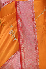 Yellow Semi Silk Saree with Silver Zari Floral Leheriya