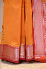 Yellow Semi Silk Saree with Silver Zari Floral Leheriya