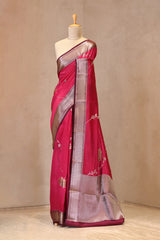 Pink Semi Silk Saree with Silver Zari Floral Leheriya