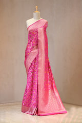 Pink Semi Silk Banarasi Saree with Gold Zari Floral Jaal