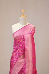 Pink Semi Silk Banarasi Saree with Gold Zari Floral Jaal