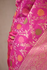 Pink Semi Silk Banarasi Saree with Gold Zari Floral Jaal