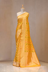 Yellow Semi Silk Banarasi Saree with Gold Zari Floral Jaal