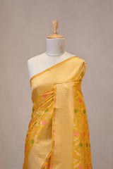 Yellow Semi Silk Banarasi Saree with Gold Zari Floral Jaal