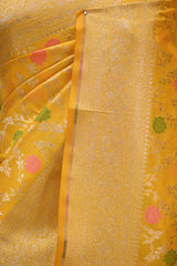 Yellow Semi Silk Banarasi Saree with Gold Zari Floral Jaal