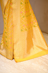 Yellow Semi Silk Banarasi Saree with Gold Zari Floral Jaal