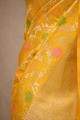 Yellow Semi Silk Banarasi Saree with Gold Zari Floral Jaal