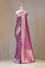 Wine Semi Silk Banarasi Saree with Gold Zari Floral Jaal