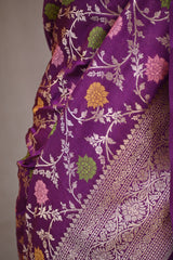 Wine Semi Silk Banarasi Saree with Gold Zari Floral Jaal