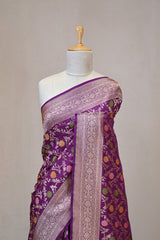 Wine Semi Silk Banarasi Saree with Gold Zari Floral Jaal