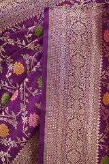 Wine Semi Silk Banarasi Saree with Gold Zari Floral Jaal