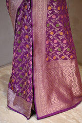 Wine Semi Silk Banarasi Saree with Gold Zari Floral Jaal