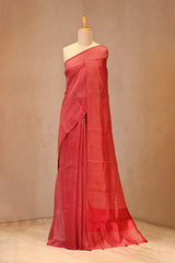 Cherry Red Viscose Silk Saree with Zari Vertical Stripes
