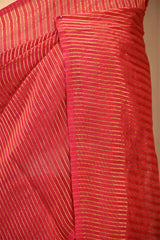 Cherry Red Viscose Silk Saree with Zari Vertical Stripes