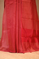 Cherry Red Viscose Silk Saree with Zari Vertical Stripes