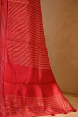 Cherry Red Viscose Silk Saree with Zari Vertical Stripes