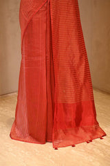 Vermillion Red Viscose Silk Saree with Zari Vertical Stripes