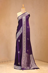 Purple Semi Satin Silk Saree with Silver Zari Floral Buta