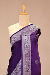 Purple Semi Satin Silk Saree with Silver Zari Floral Buta