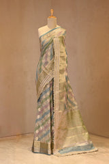 Sage Green Semi Crushed Tissue Silk Saree with Rangkat Pattern