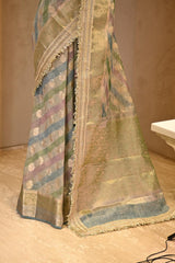Sage Green Semi Crushed Tissue Silk Saree with Rangkat Pattern
