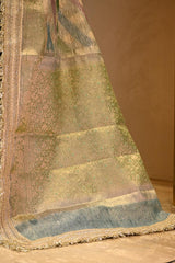 Sage Green Semi Crushed Tissue Silk Saree with Rangkat Pattern