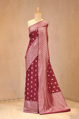 Maroon Soft Silk Saree with Silver Zari Floral Buti