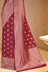 Maroon Soft Silk Saree with Silver Zari Floral Buti
