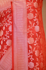 Red Soft Silk Saree with Silver Zari Floral Jaal