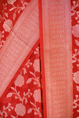 Red Soft Silk Saree with Silver Zari Floral Jaal