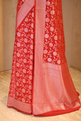 Red Soft Silk Saree with Silver Zari Floral Jaal