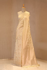 White Semi Banarasi Cotton Saree with Gold Zari Floral Jaal
